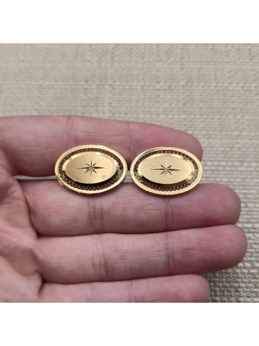 Vintage Oval Brushed Starburst Clear Rhinestone Accent Cufflinks A8938
